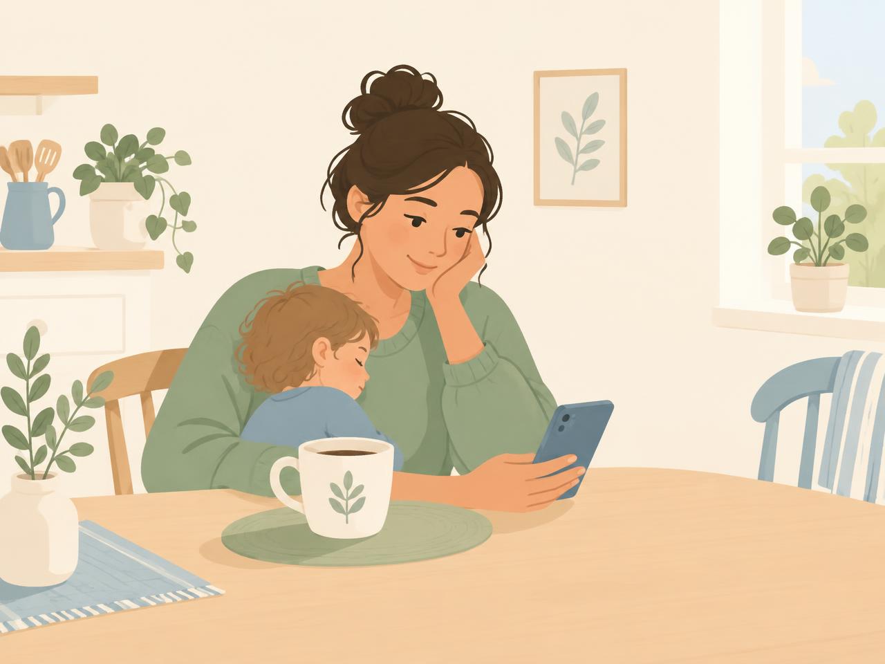 A parent checking their bills on a phone at the kitchen table